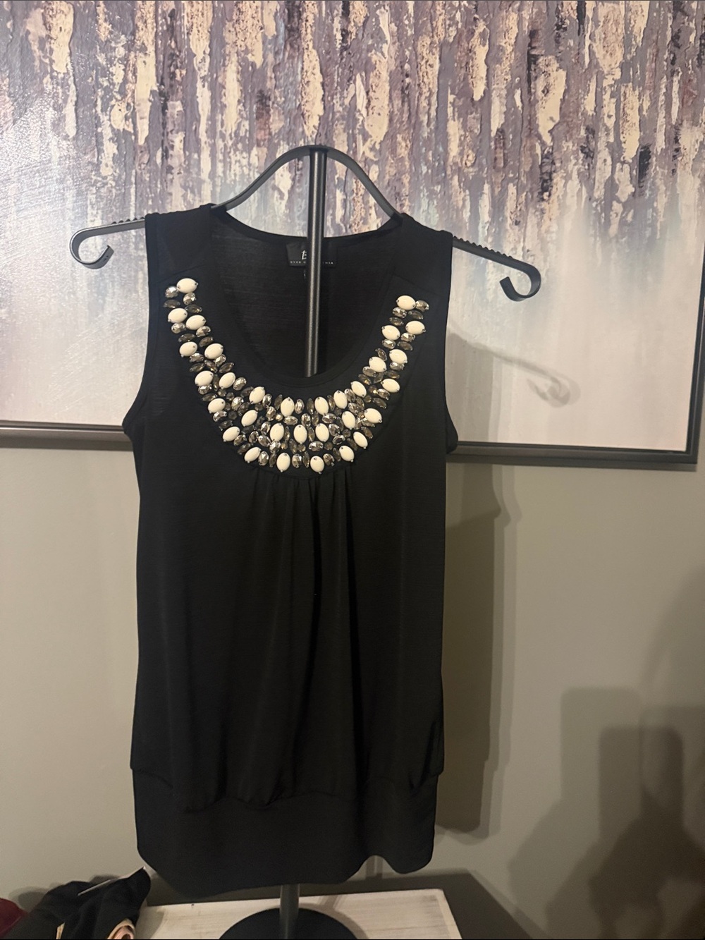 Bwear Black Tank Top with White Beaded Neckline